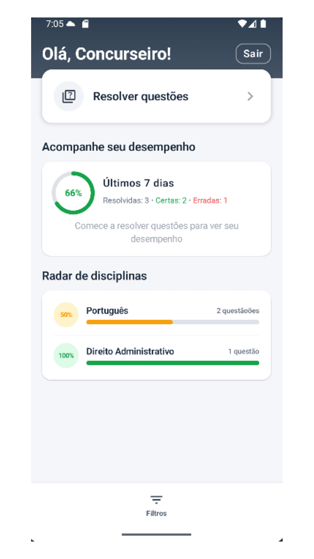 Tela real do app O Concurseiro com desempenho dos últimos sete dias e radar de disciplinas