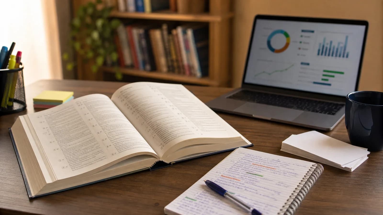 Livro de legislação aberto ao lado de caderno, fichas e computador em uma mesa de estudos.